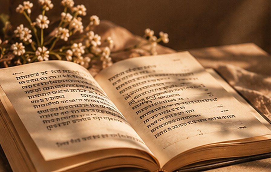 An open Punjabi book with flowers