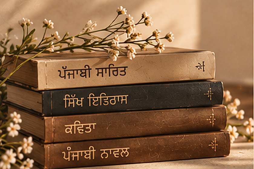 Stack of Punjabi books with white flowers